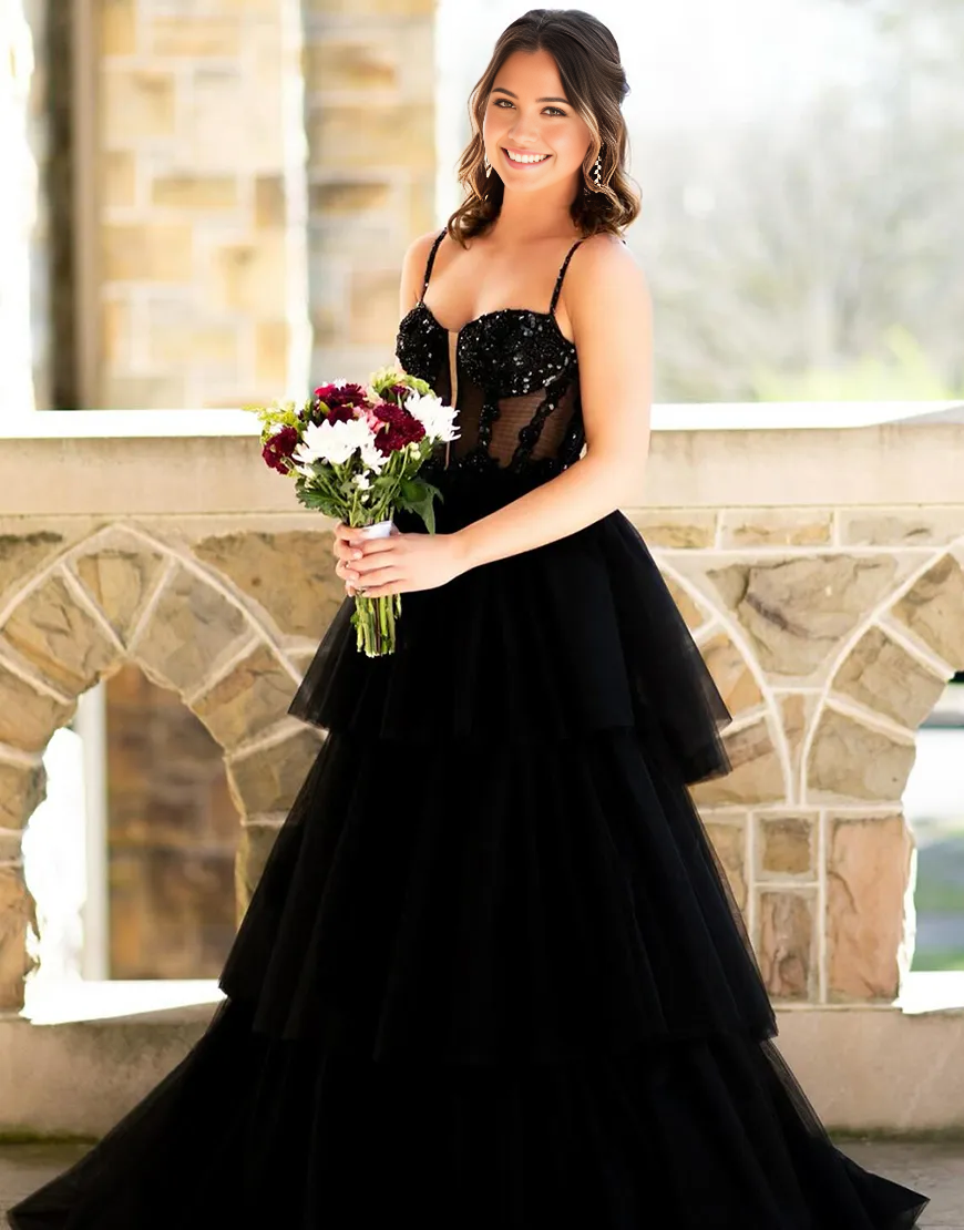 A-Line Sparkly Spaghetti Straps Corset Ruffles Tulle Black Long formal dresses Bridesmaid Dresses evening gown Prom Dress
