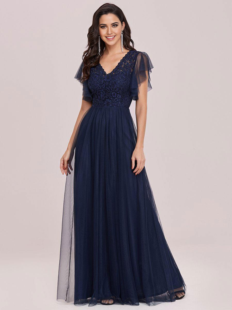 A-Line V-Neck Tulle Short Sleeves Backless Floor-Length formal dresses Bridesmaid Dresses evening gown Prom Dress