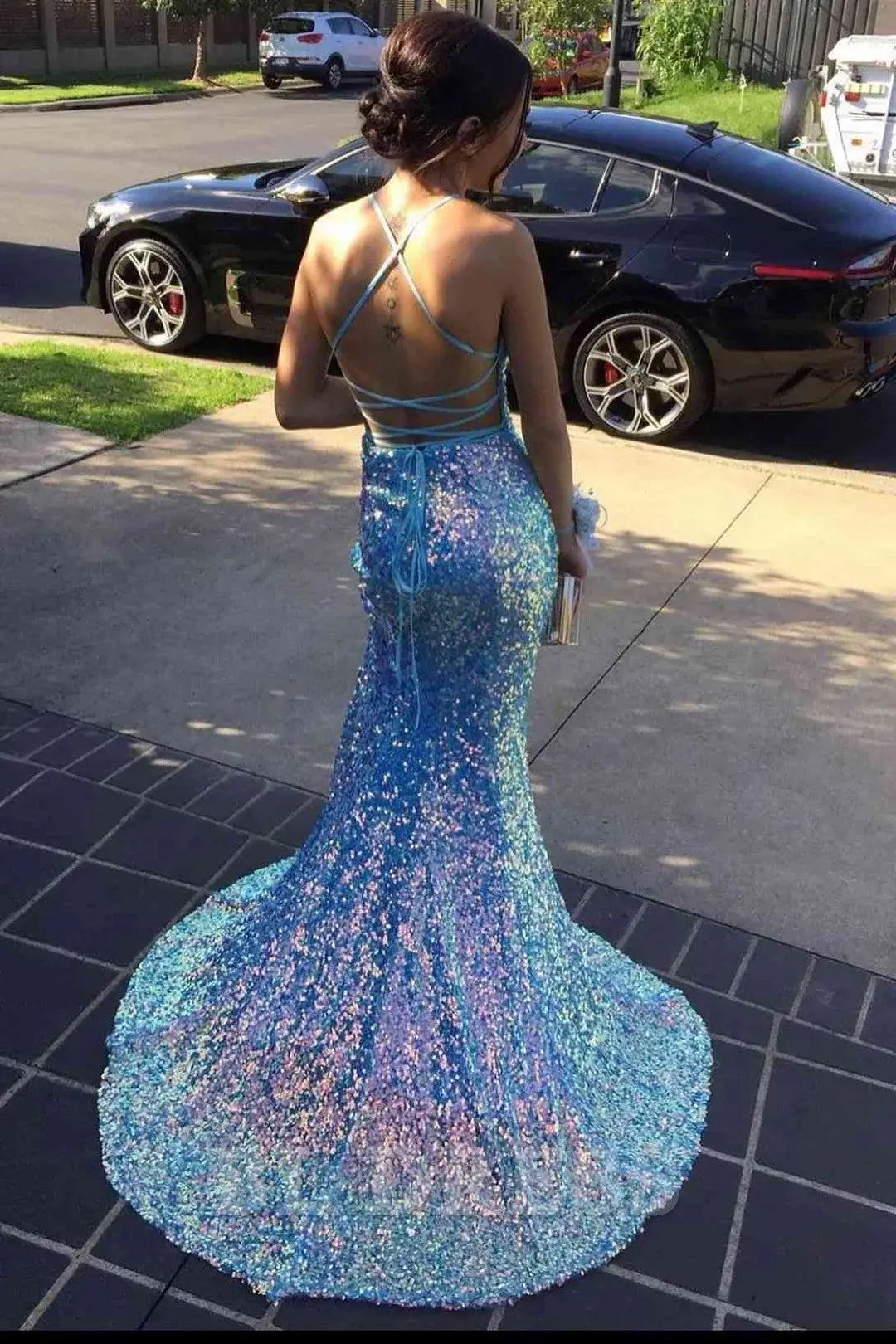 Mermaid V-Neck Spaghetti Straps Backless Sequin Long formal dresses evening gown Prom Dress