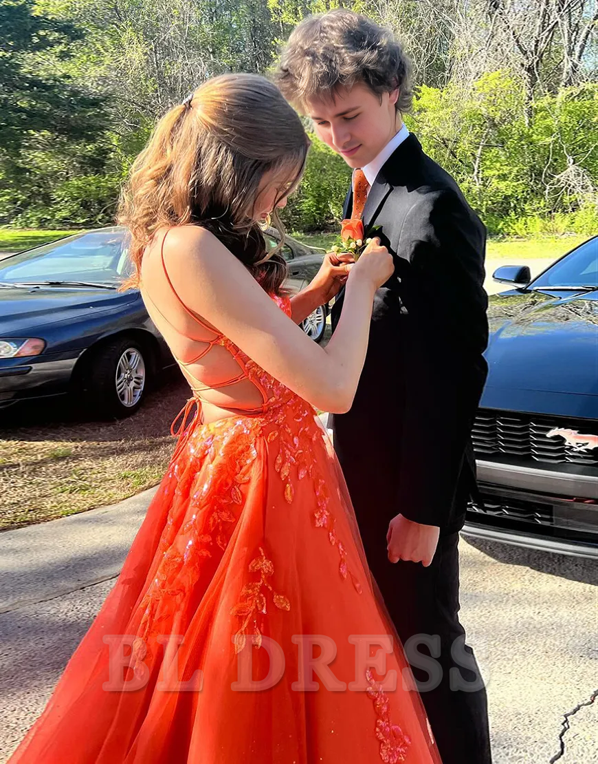 A-Line Sparkly Spaghetti Straps Corset Appliques Tulle Orange Long formal dresses Bridesmaid Dresses evening gown Prom Dress