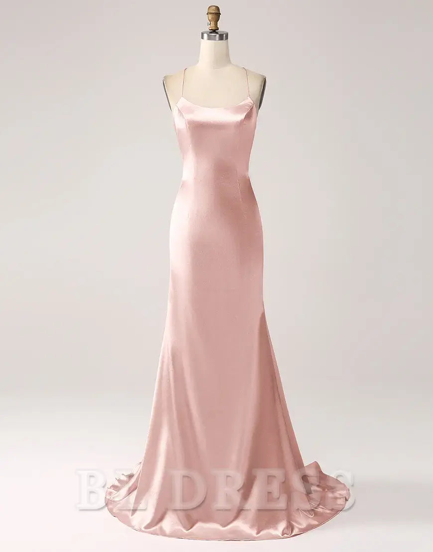 Mermaid Spaghetti Straps Satin Lace-Up Blush Long formal dresses evening gown Prom Dress