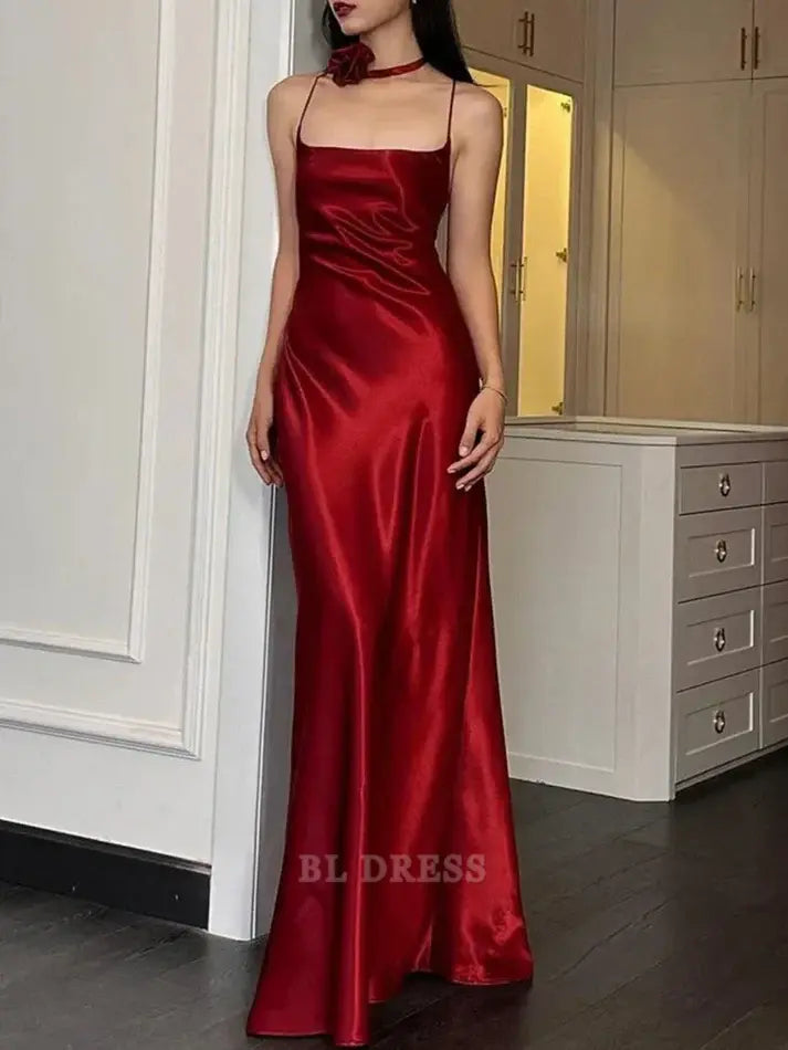 A Line Spaghetti Straps Red Floor Length Backless formal dresses Bridesmaid Dresses evening gown Prom Dress