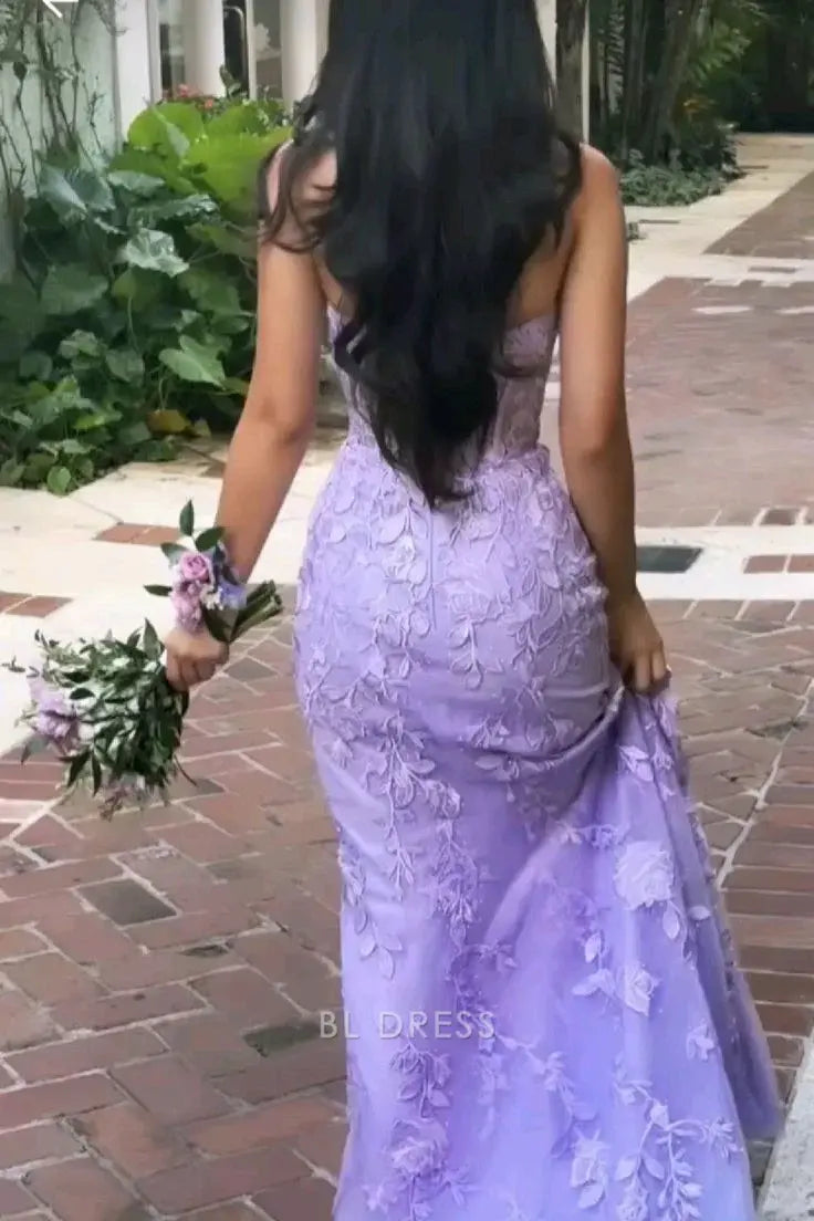 Mermaid Strapless Tulle Lace Appliques Purple formal dresses Bridesmaid Dresses evening gown Prom Dress