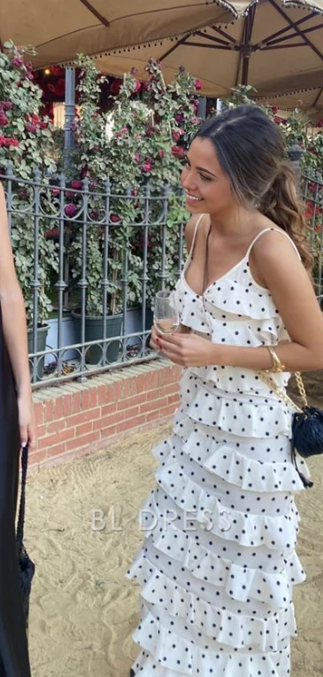 A-line Spaghetti Straps Polka Dots Ruffle formal dresses Bridesmaid Dresses evening gown Prom Dress