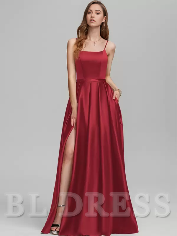 A-Line Spaghetti Straps Floor-Length Satin formal dresses evening gown Prom Dress With Split