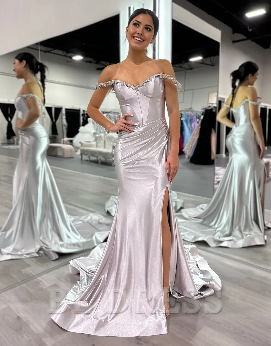 Mermaid Sparkly Rhinestones Off the Shoulder Corset Long formal dresses evening gown Prom Dress with Slit
