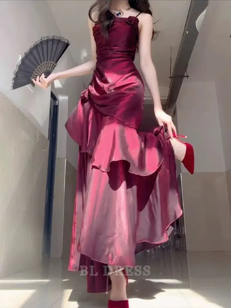A-line Spaghetti Straps Wine Red Satin formal dresses Bridesmaid Dresses evening gown Prom Dress