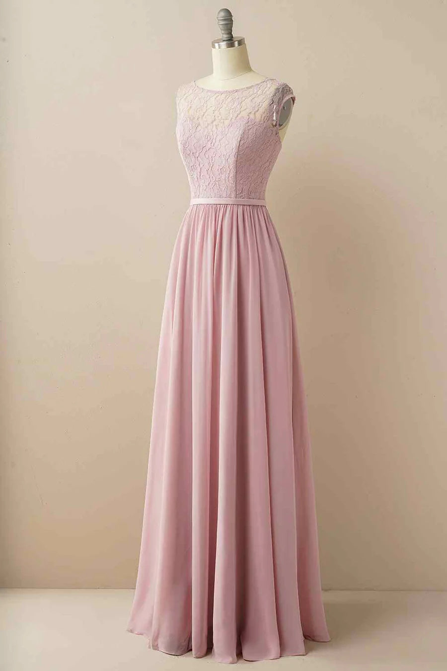 A-line Illusion Lace Cap Sleeves Chiffon Long Prom Dress
