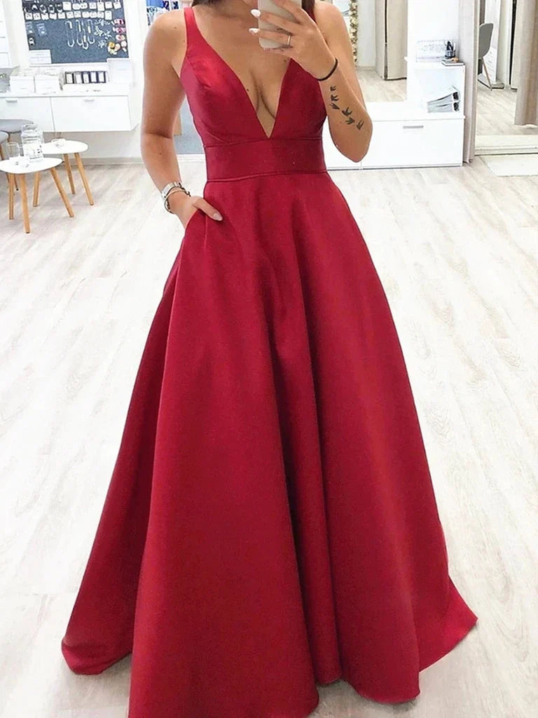 A Line V Neck Long Formal Evening Dresses Long Prom Dresses