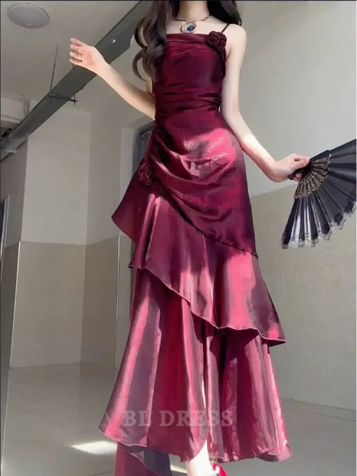 A-line Spaghetti Straps Wine Red Satin formal dresses Bridesmaid Dresses evening gown Prom Dress