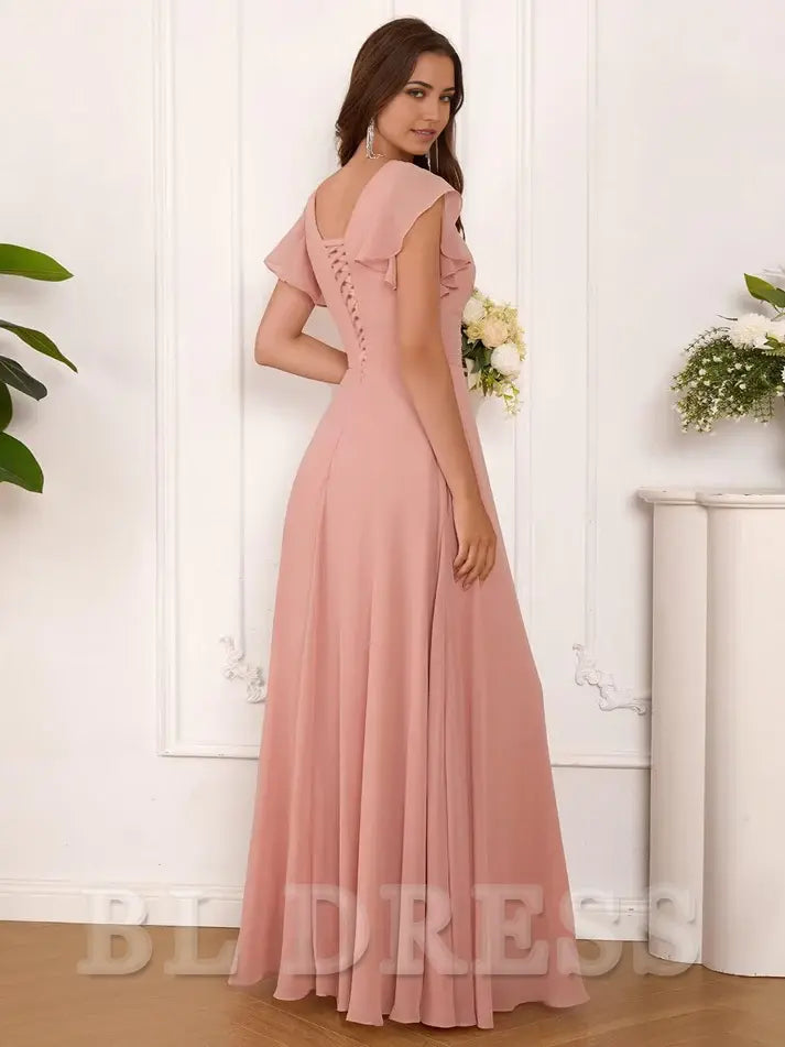 A Line V Neck Ruffle Sleeve Pleated Long Chiffon formal dresses evening gown Prom Dress with Slit