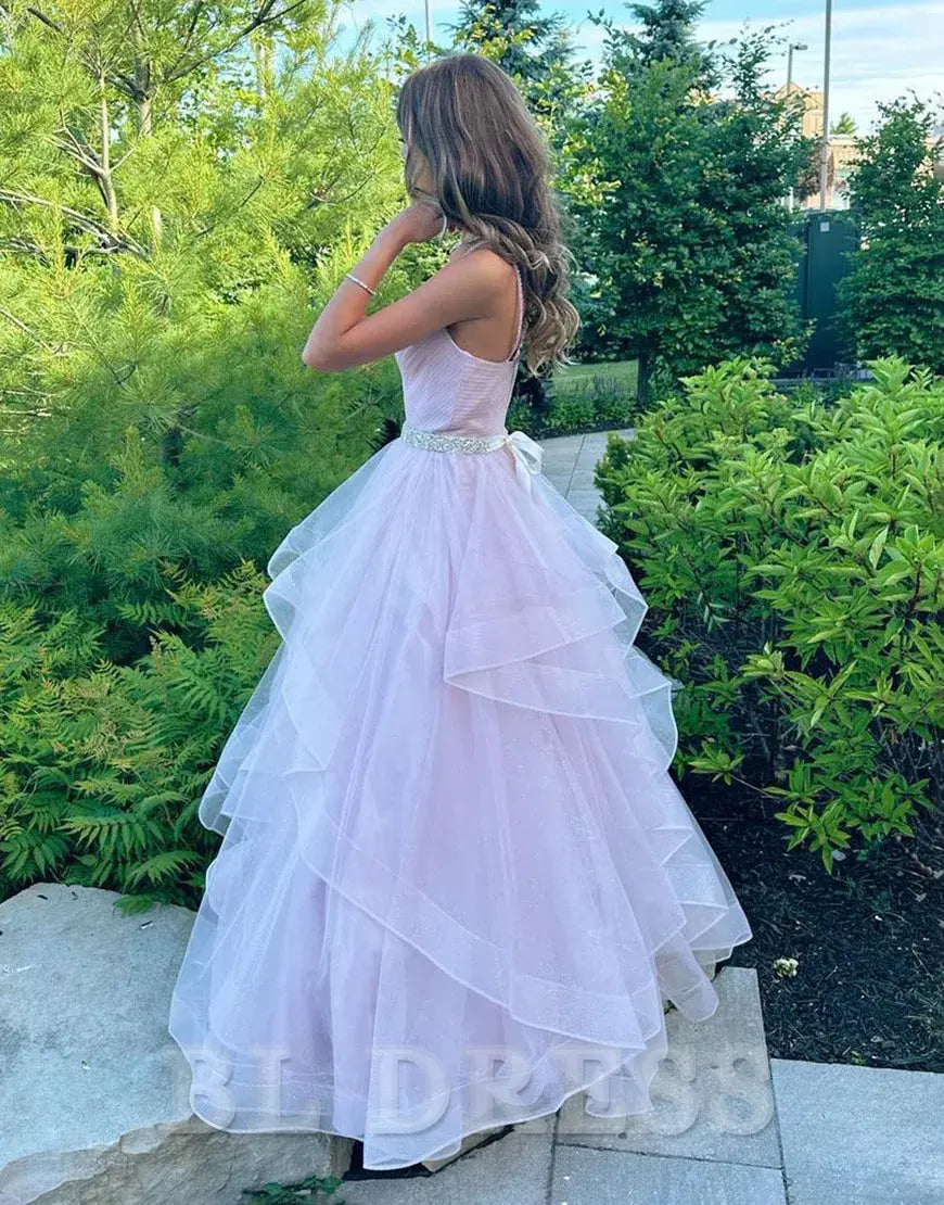 A-Line V-Neck Long Ruffle Lilac formal dresses evening gown Prom Dress With Belt