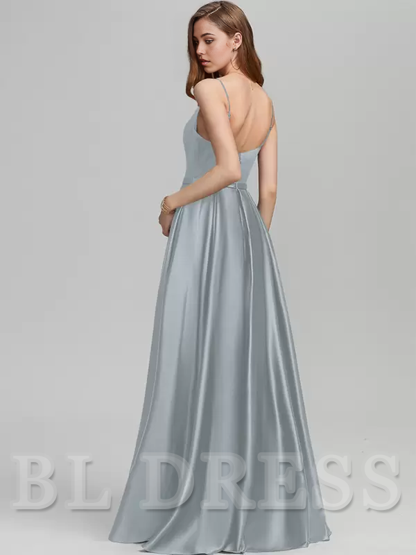 A-Line Spaghetti Straps Floor-Length Satin formal dresses evening gown Prom Dress With Split