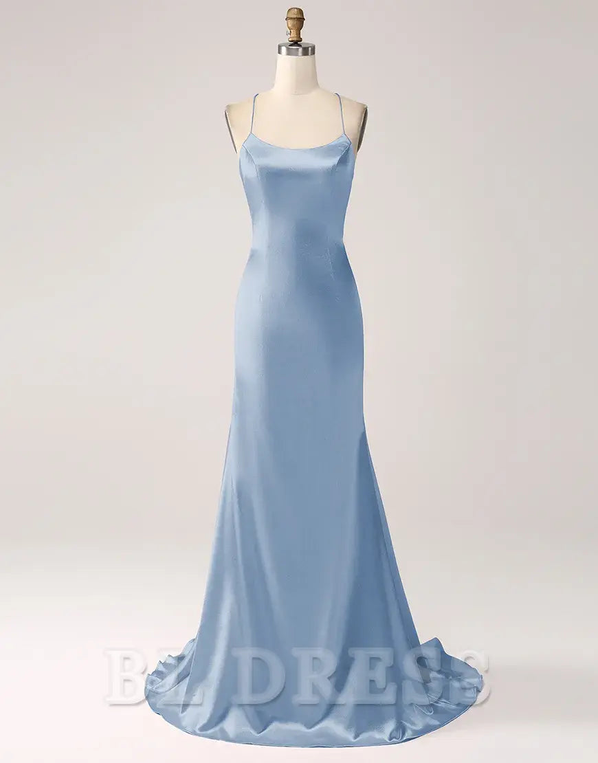 Mermaid Spaghetti Straps Satin Lace-Up Blush Long formal dresses evening gown Prom Dress