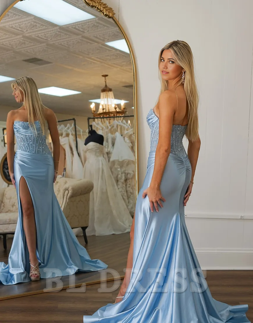 Mermaid Sparkly Strapless Laced Corset Blue Long formal dresses evening gown Prom Dress with Slit