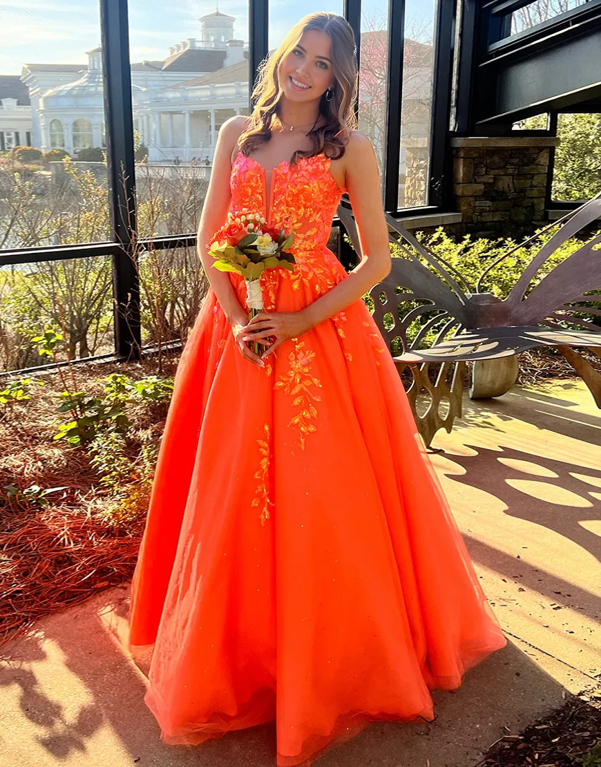 A-Line Sparkly Spaghetti Straps Corset Appliques Tulle Orange Long formal dresses Bridesmaid Dresses evening gown Prom Dress