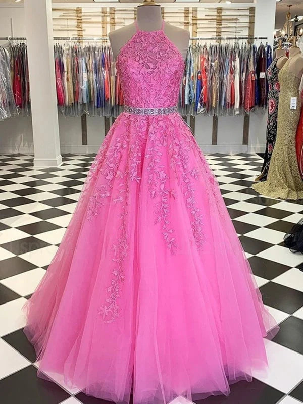 Halter Neck Long Lace Prom Dresses with Belt