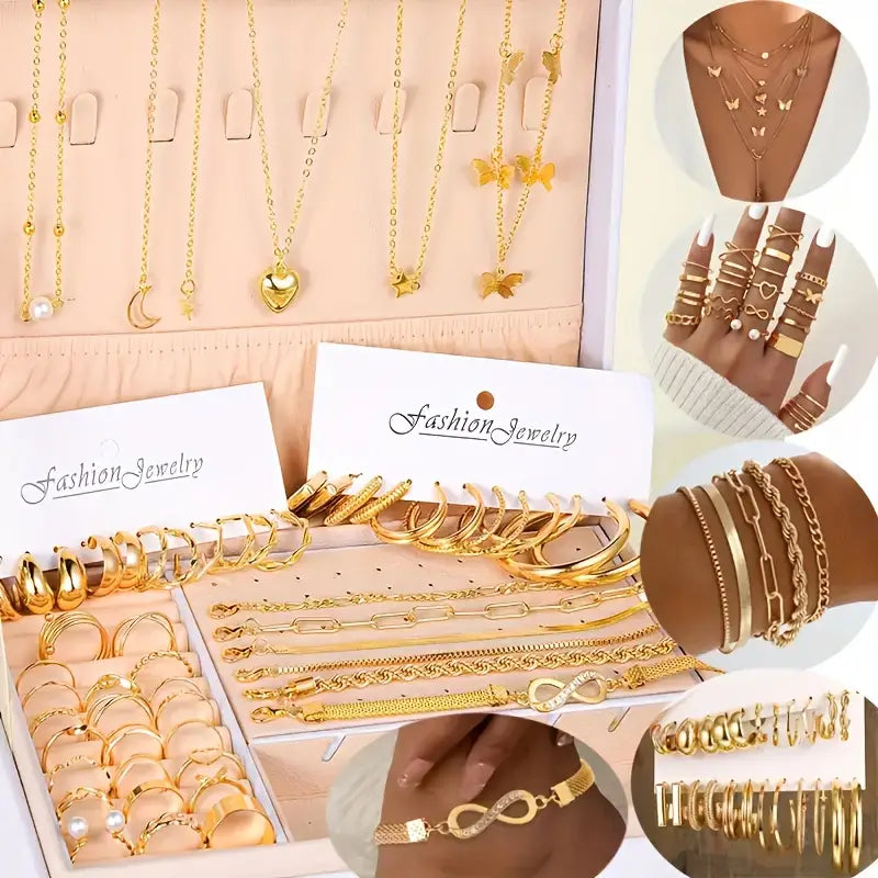57-Piece Golden Jewelry Set - Luxurious Necklaces, Rings, Earrings & Bracelets - Elegant & Delicate Design - Perfect Gift for Her