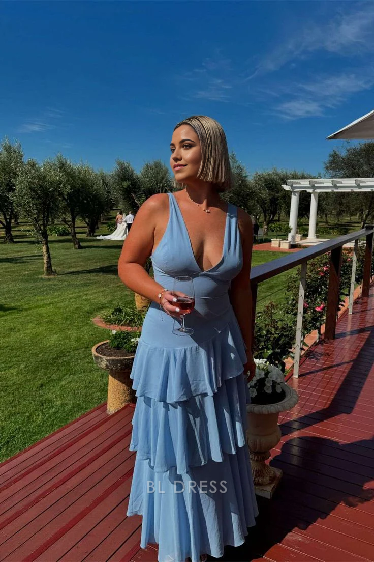 A-line V Neck Blue Tiered formal dresses Bridesmaid Dresses evening gown Prom Dress