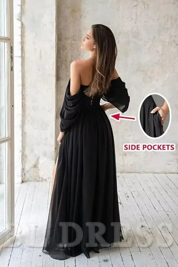 A-Line Off The Shoulder Pockets formal dresses evening gown Prom Dress with Slit