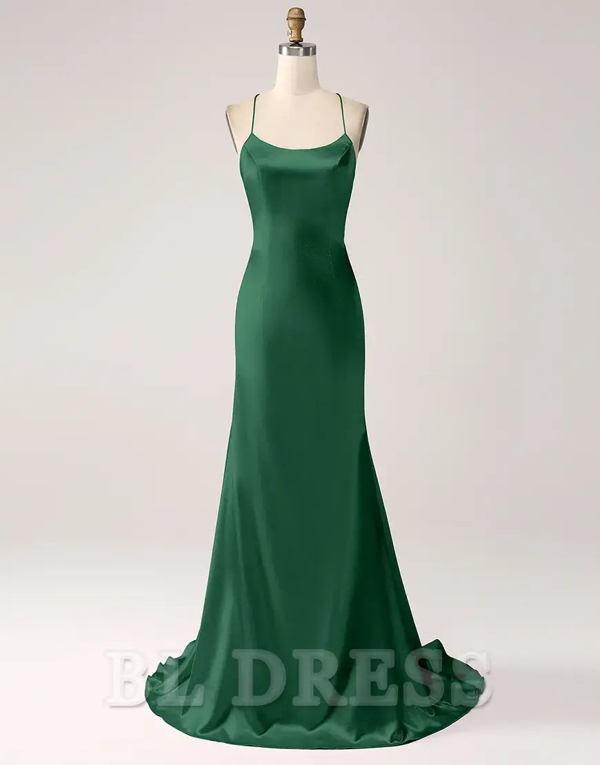 Mermaid Spaghetti Straps Satin Lace-Up Blush Long formal dresses evening gown Prom Dress