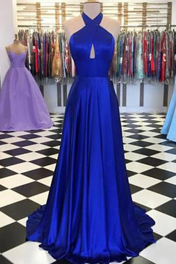 A-line Round Neck Satin Long Formal Dress Prom Dresses