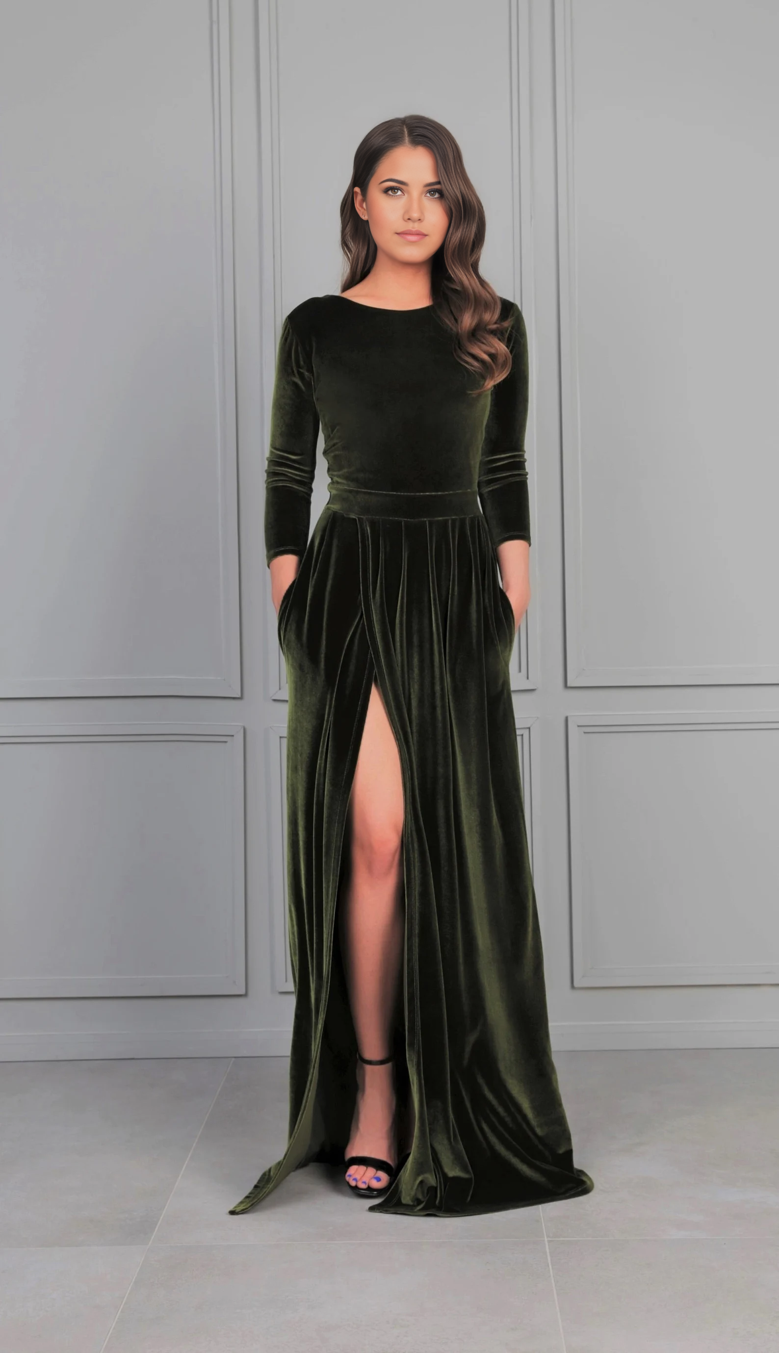 A-line Velvet Crew Neck Back V Long Sleeve Bridesmaid Dress Formal Dresses for Wedding Guest Cocktail Dress Mother of the Bride Dresses