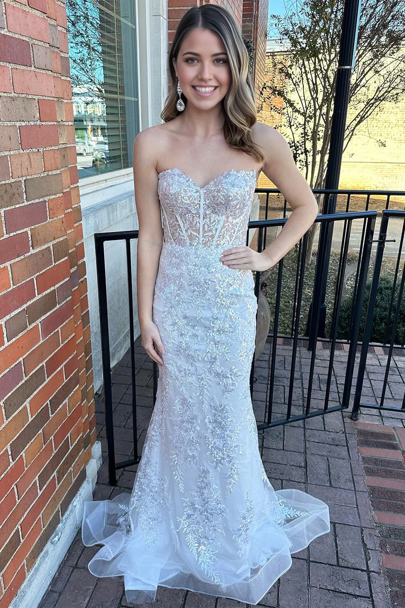 Mermaid Cute Sweetheart White Lace Long Prom Dresses
