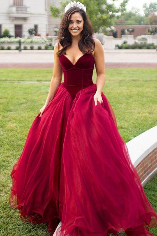 A-line Sweetheart Sweep Train Tulle Dark Red Ball Gown Prom Dress