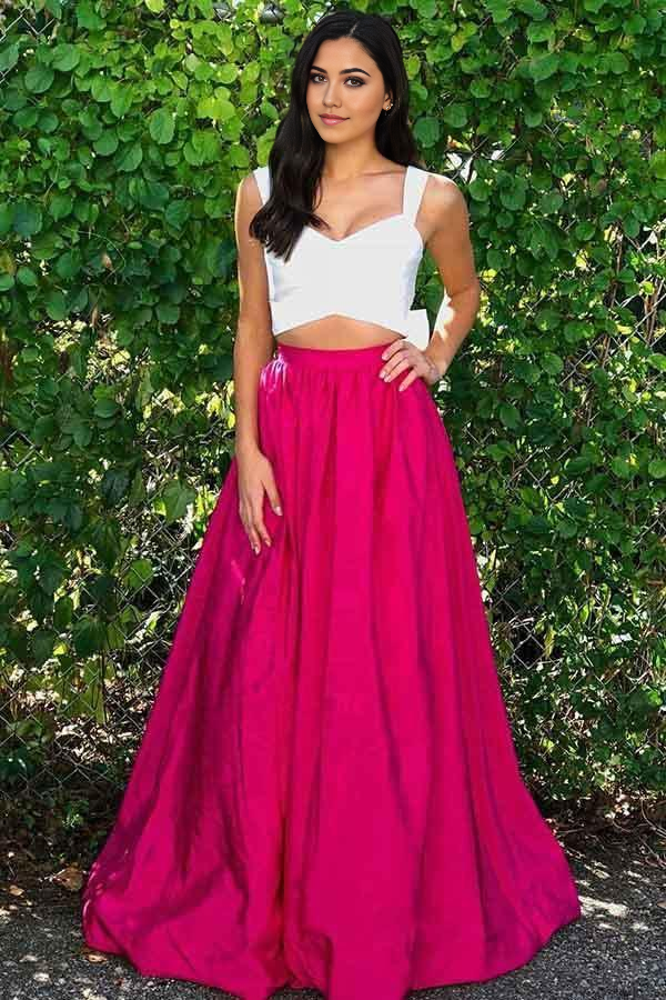 Two Piece Scoop Fuchsia Satin Prom Dress Formal Dress