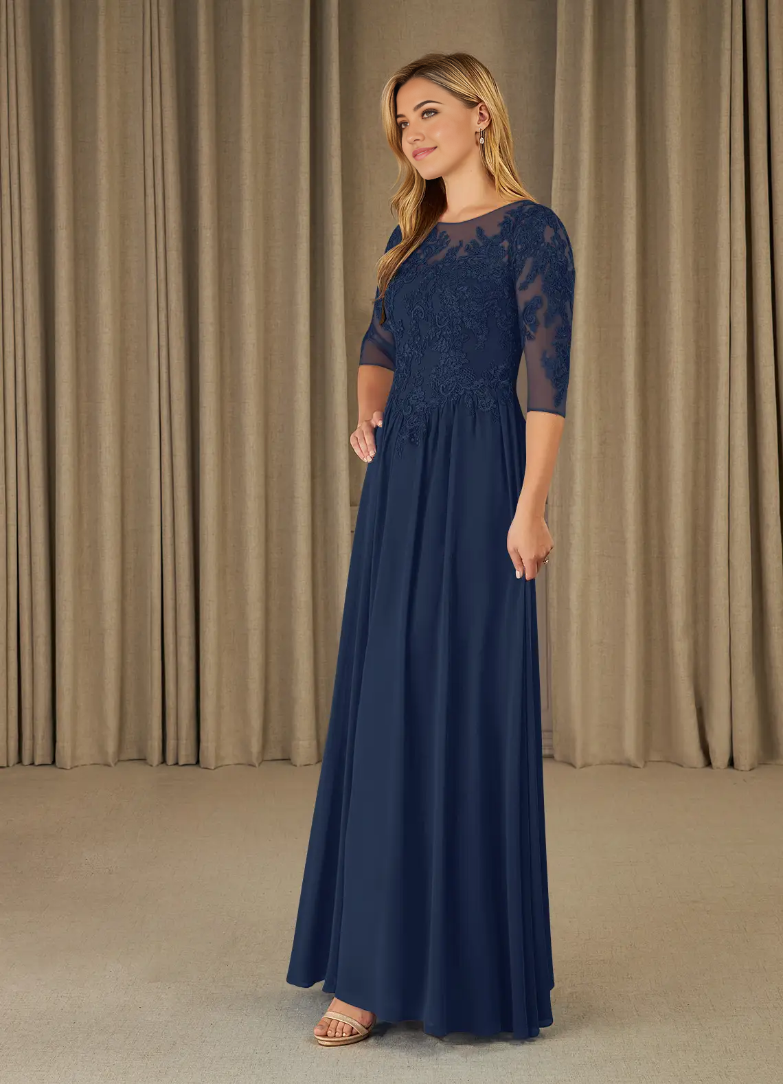 A-Line Scoop Lace Chiffon Dark Navy formal dresses evening dress Mother of the Bride Dresses