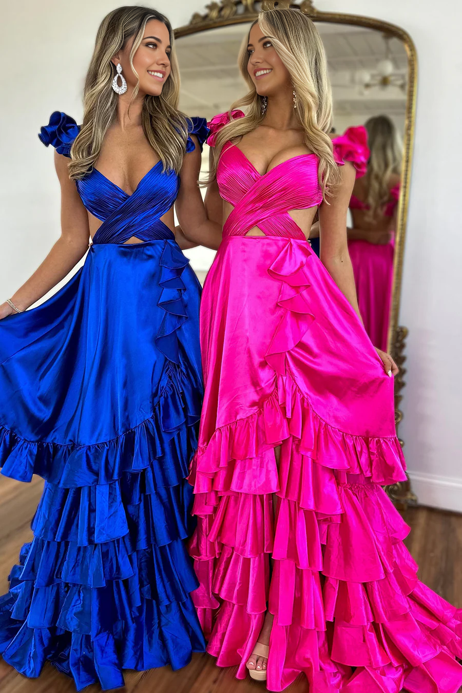 A Line V Neck Fashion Fuchsia Satin Long Prom Dresses with Slit