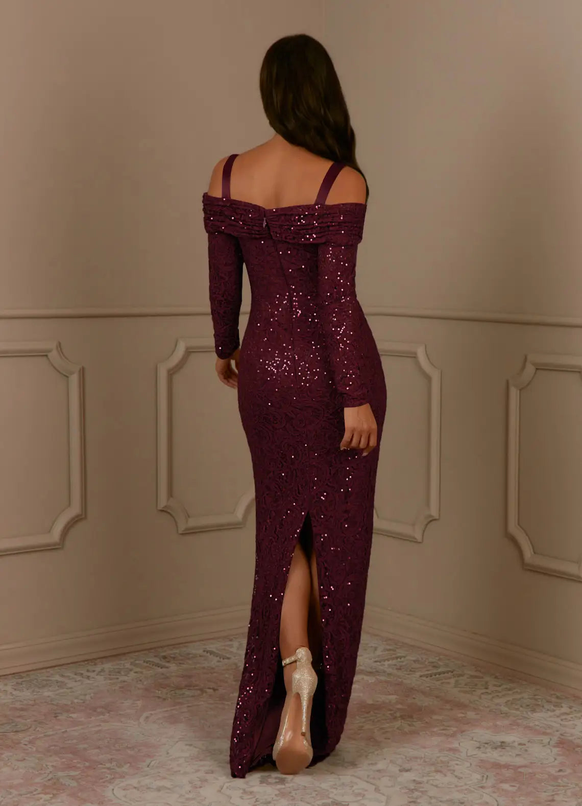 Sheath Sequins Long Sleeve Lace Cabernet formal dresses evening dress Mother of the Bride Dresses