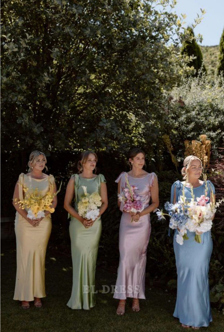 Sheath Sweet Crew Neck sleeveless Blue Long formal dresses Bridesmaid Dresses evening gown Prom Dress with Bowknot