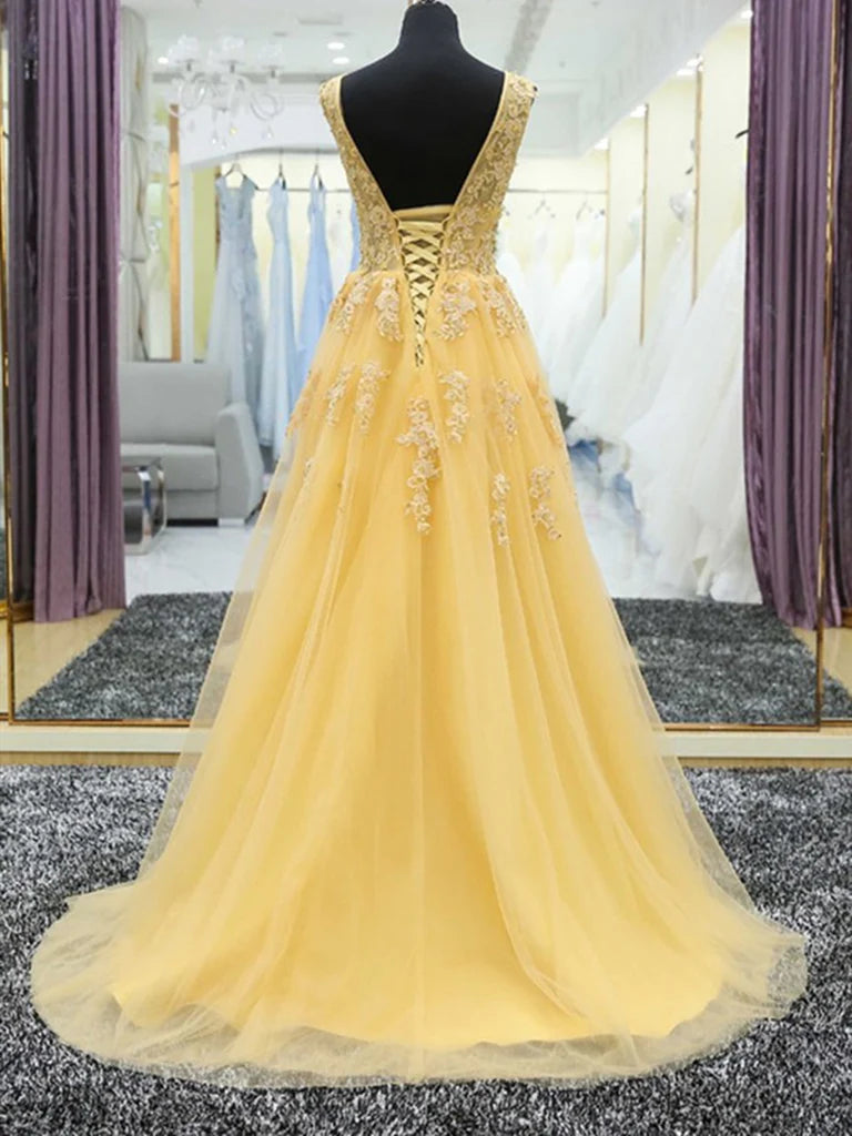 A-line V Neck Lace and Tulle Long Ball Gowns Prom Dresses