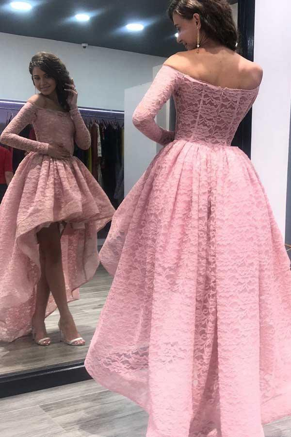 A-line Off-the-Shoulder Pink Long Sleeves Lace High Low Prom Dress