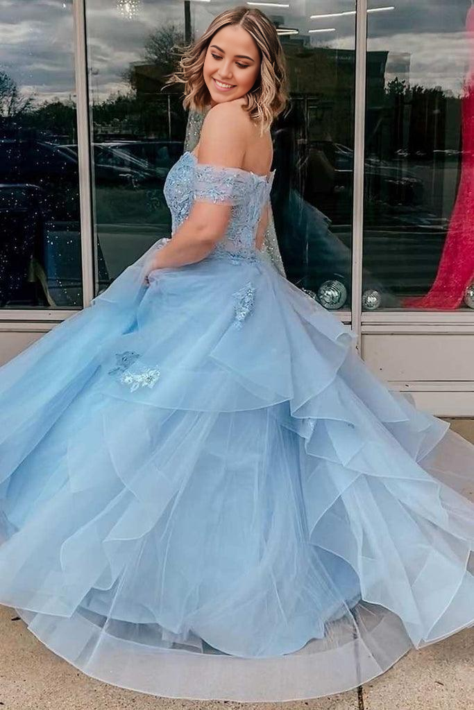 A-Line Tulle Off-the-Shoulder Tiered Light Blue Prom Evening Dress