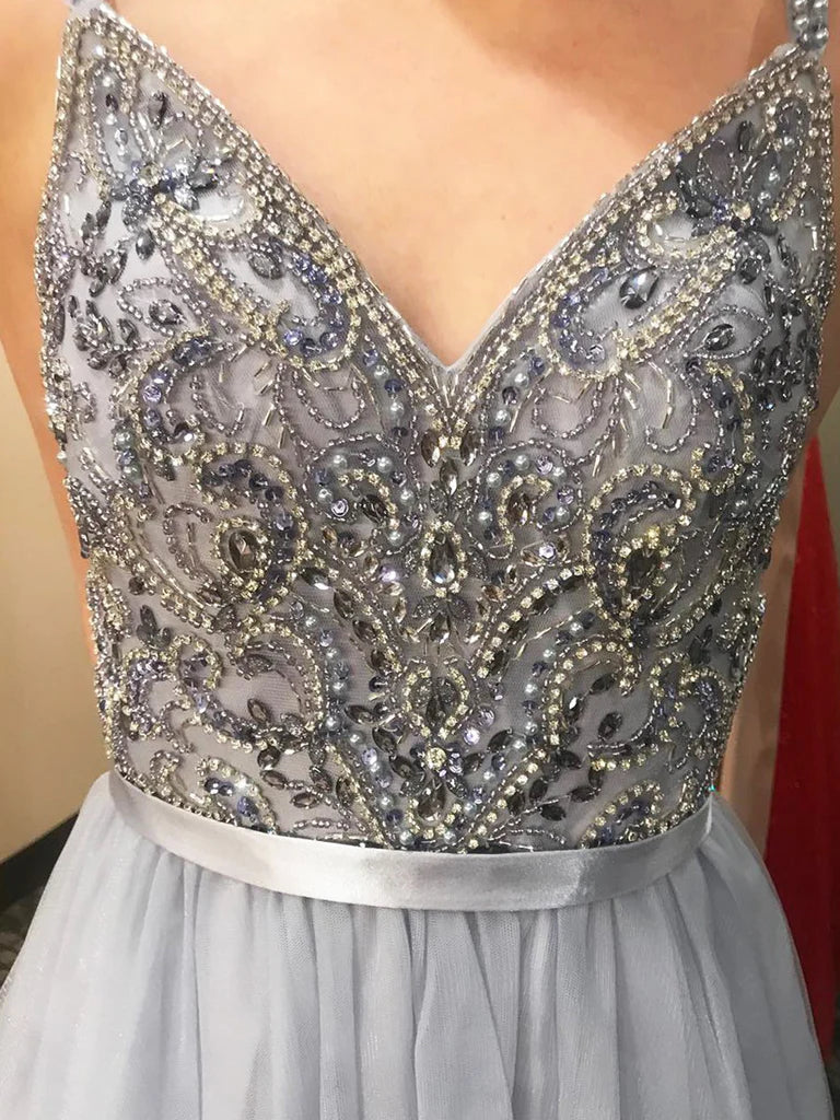 A-line V Neck Tulle Beads Long Prom Dress Evening Dress