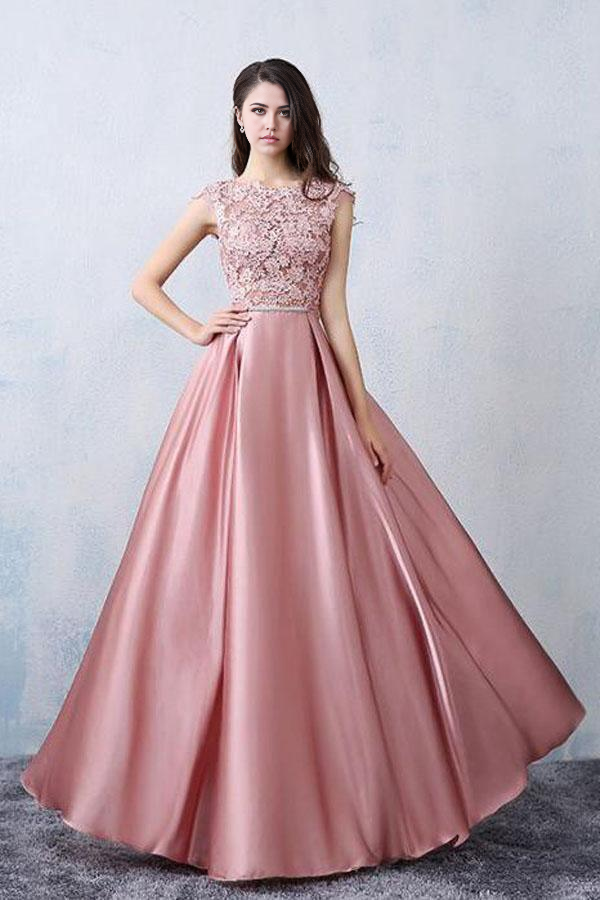 A-line Scoop Pink Satin Applique Prom Dress Evening Dress