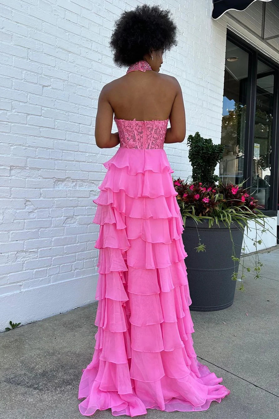 A-Line Halter Neck Lace Top Long Tiered Chiffon Pink evening gown Prom Dress