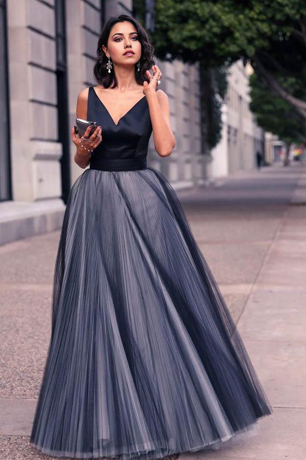 A-line V-Neck Sleeveless Tulle Floor Length formal dresses Evening Dress Prom Dress