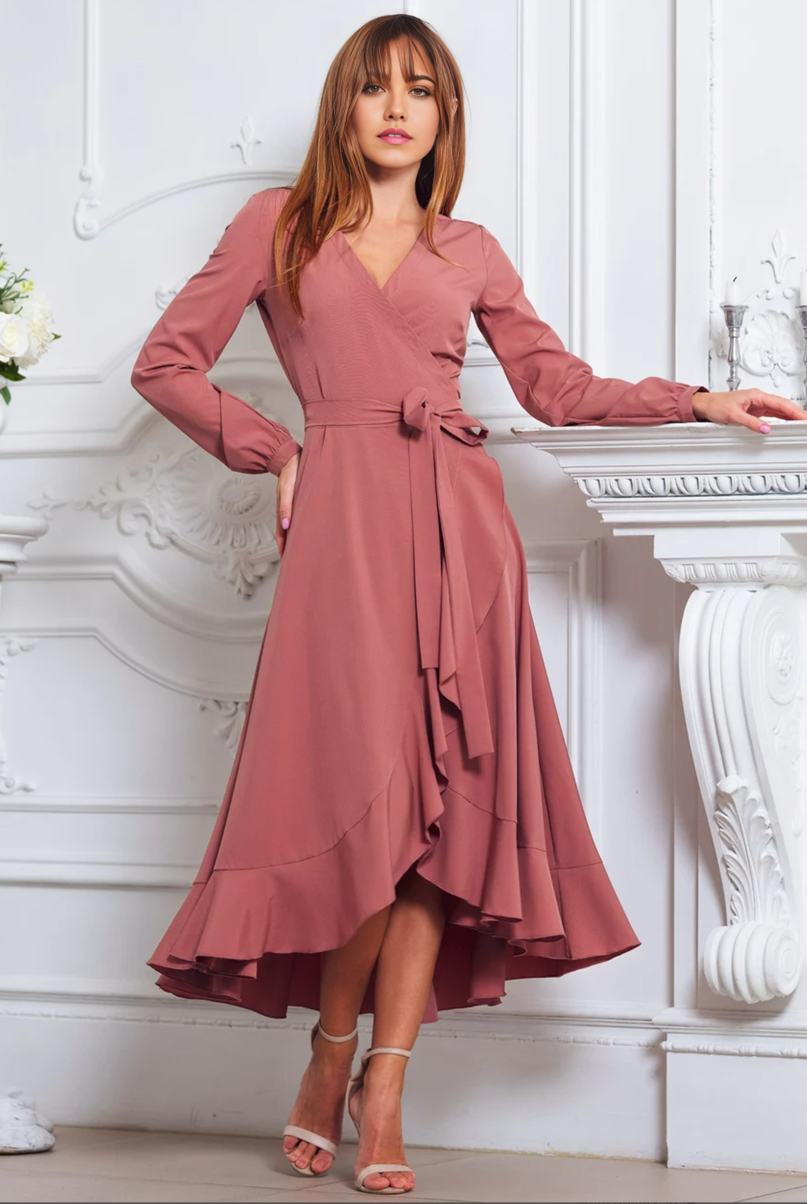 A-line V-Neck Long Sleeve Tea Length Cocktail Dress Bridesmaid Dress Formal Dresses for Wedding Guest Mother of the Bride Dresses