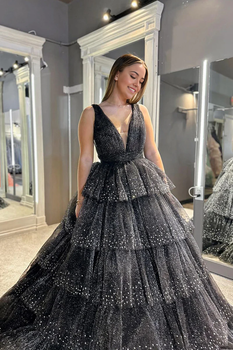 A Line V Neck Ruffle Tiered Black Long Prom Dress with Beading