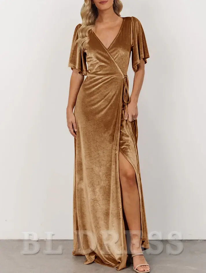 A-line V Neck Velvet Split evening gown formal dress Prom Dresses
