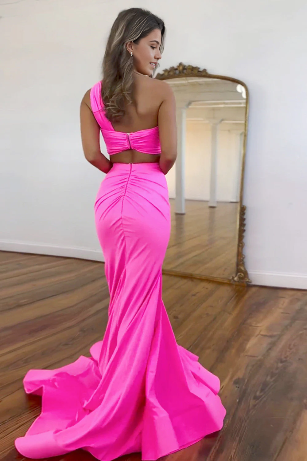 Mermaid One Shoulder Cutout Waist Hot Pink Satin evening gown Long Prom Dress