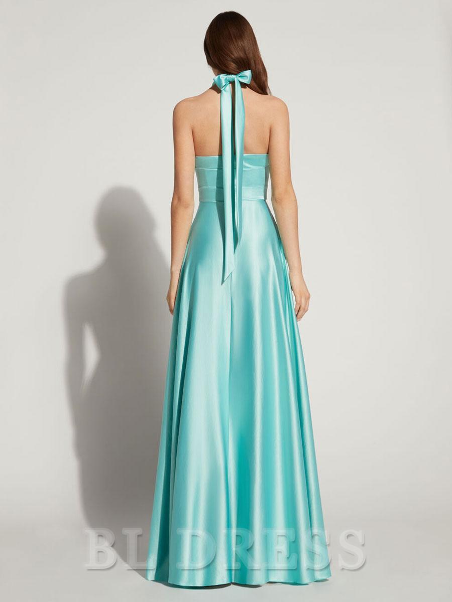 A-Line Halter Floor-Length Sleeveless Backless Satin formal dress evening gown Wedding Guest Dresses Prom Dress