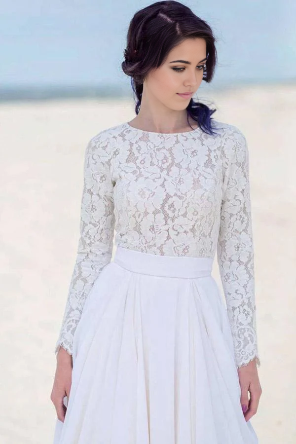 Beach Lace Long Sleeve Zipper Chiffon White Bridal Dress Wedding Dresses