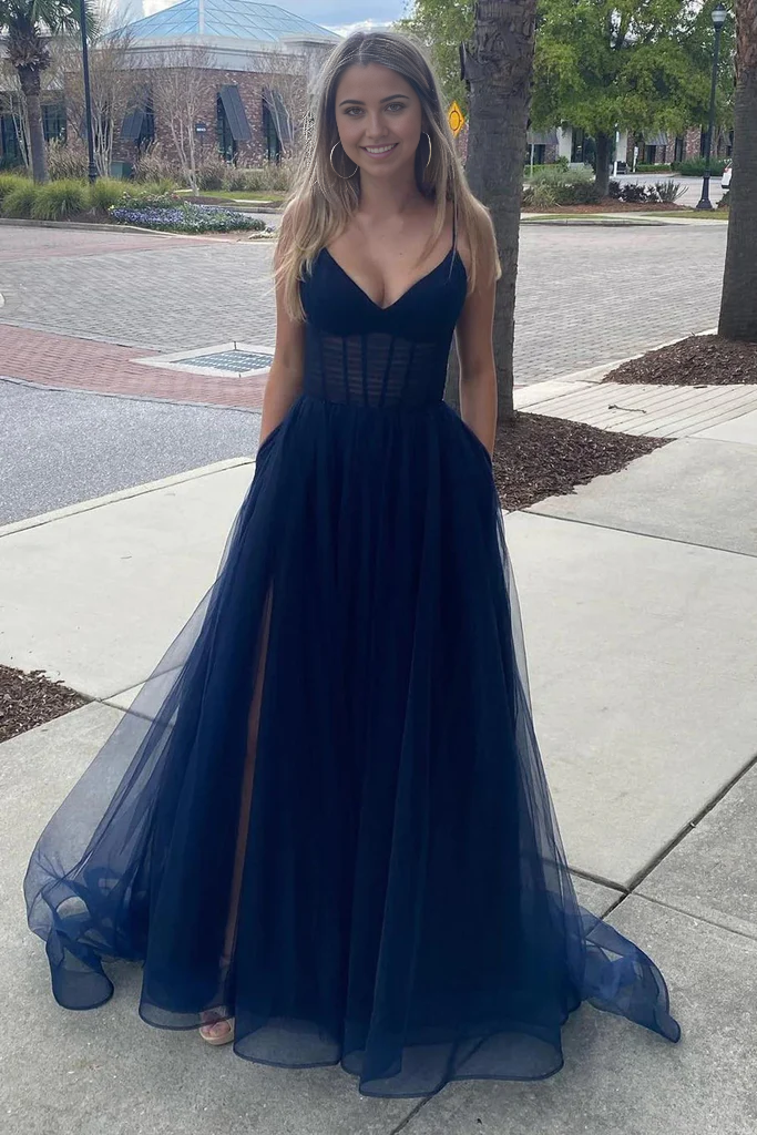 A Line Spaghetti Straps Long Tulle Prom Dress