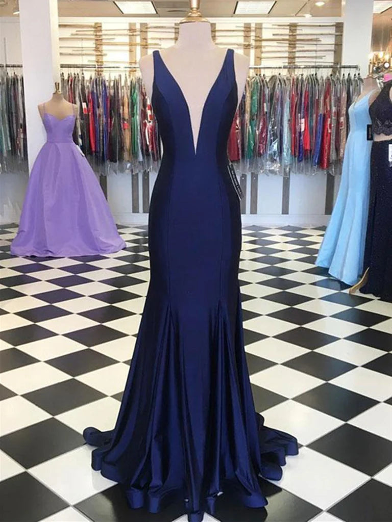 Mermaid V Neck Satin Long Prom Dress Formal Evening Dress