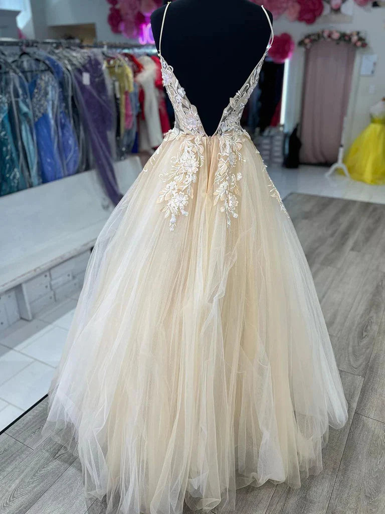 A-line V Neck Tulle Lace Prom Dresses